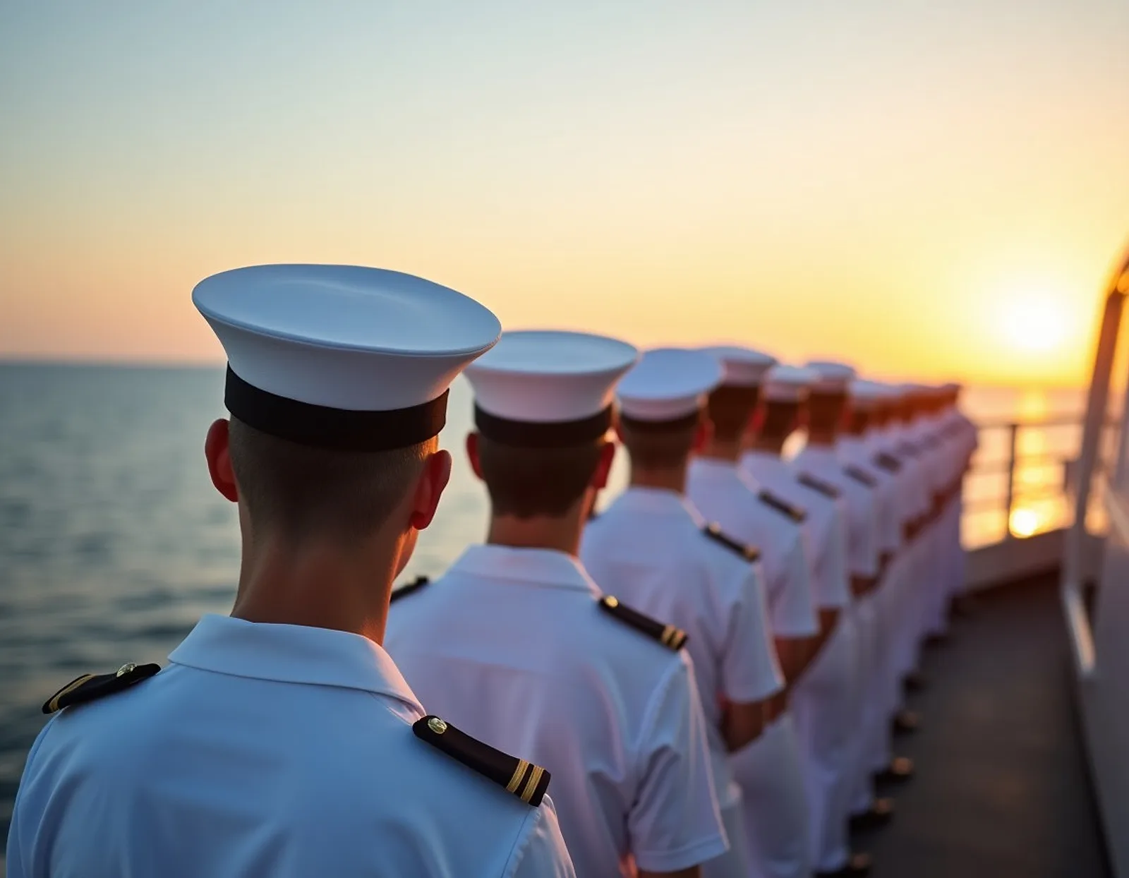 Cadets in white uniforms on a training ship deck