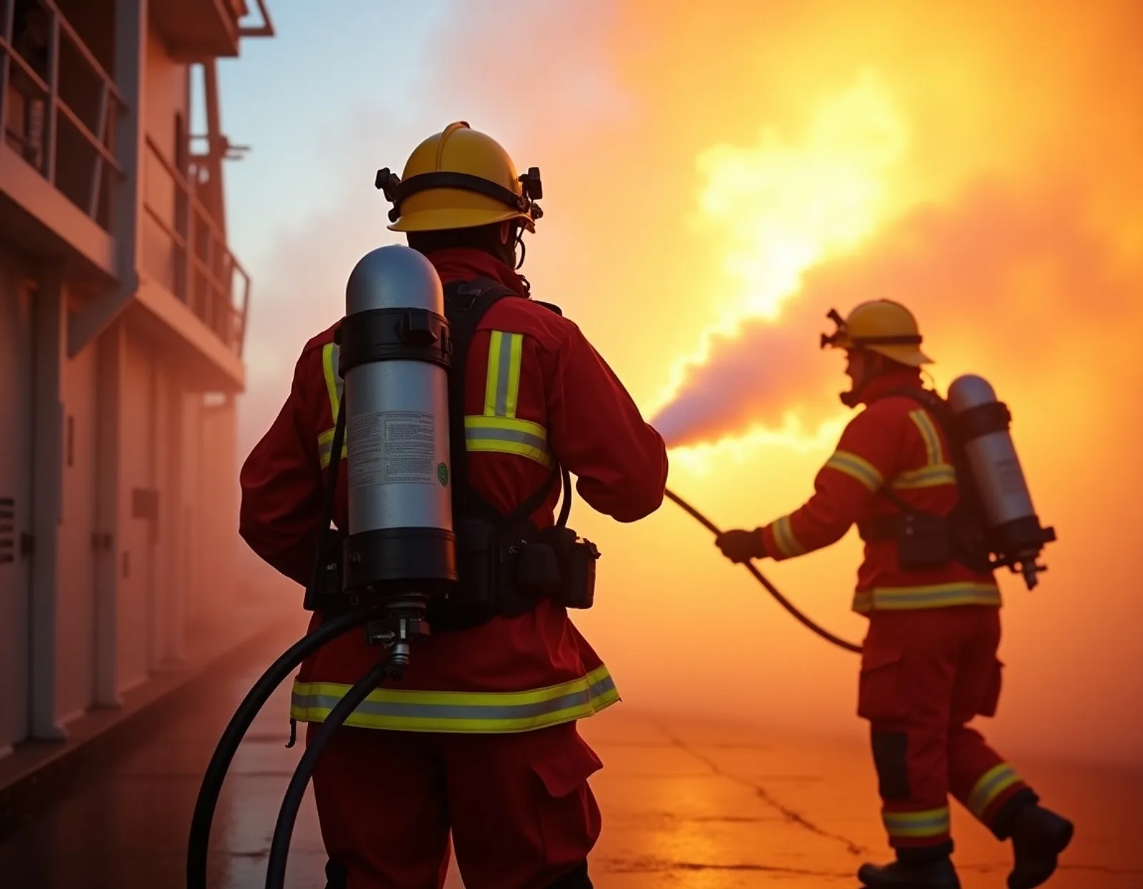 Firefighters in breathing apparatus on a deck