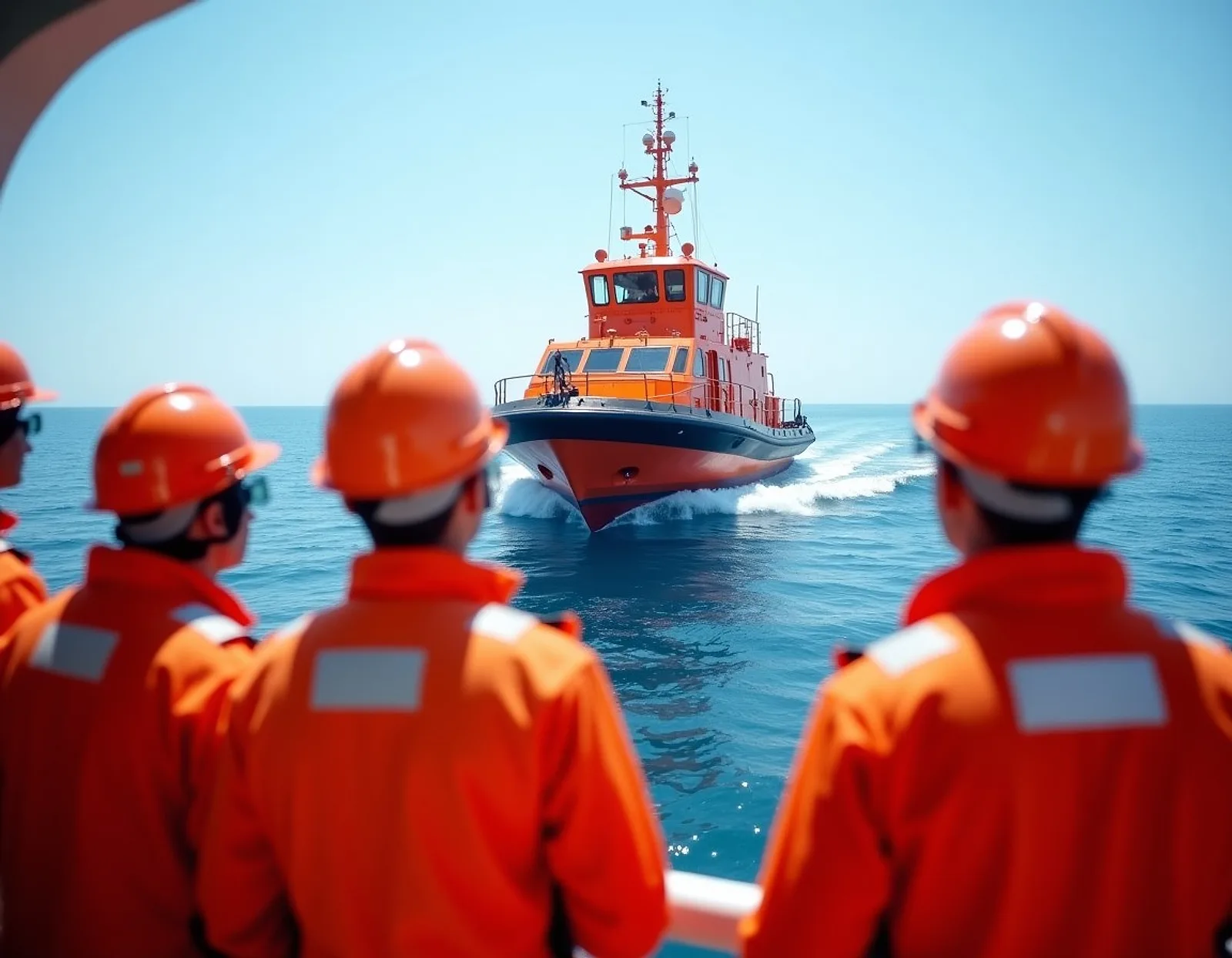 Seafarers watching a lifeboat being lowered